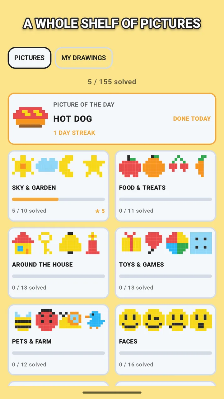 The picture shelf, with the picture of the day on a one-day streak above themes such as Sky and Garden, Food and Treats, Pets and Farm
