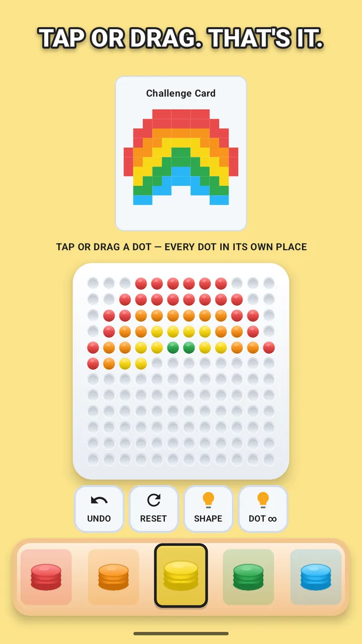 Tap or drag a dot — a rainbow picture part-built on the pegboard
