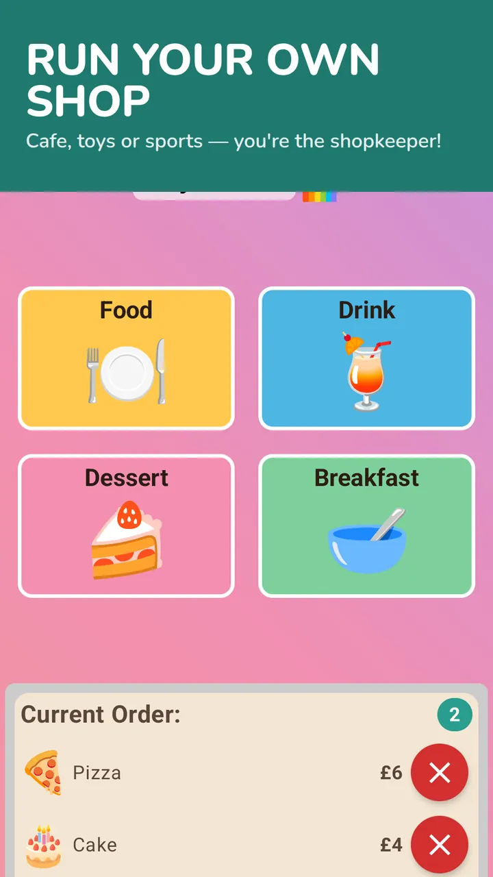 The cafe counter with Food, Drink, Dessert and Breakfast buttons and a current order