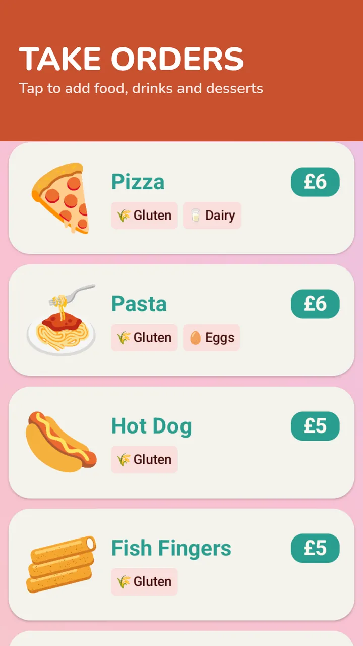 Taking an order — pizza, pasta, hot dog and fish fingers with prices and allergy tags
