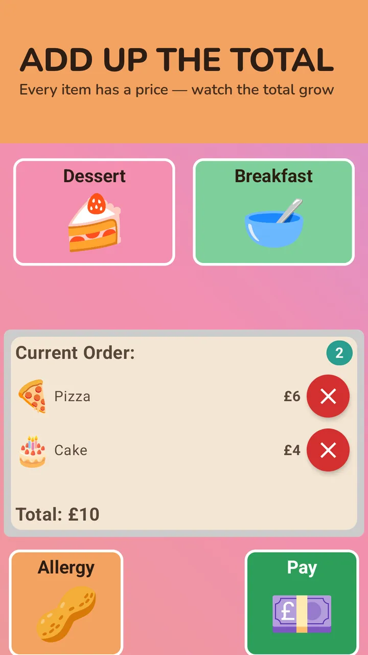 The basket adding up to a ten pound total, with Allergy and Pay buttons