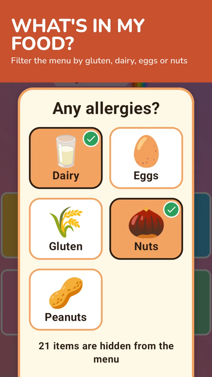 The allergy picker with dairy and nuts ticked, hiding 21 items from the menu