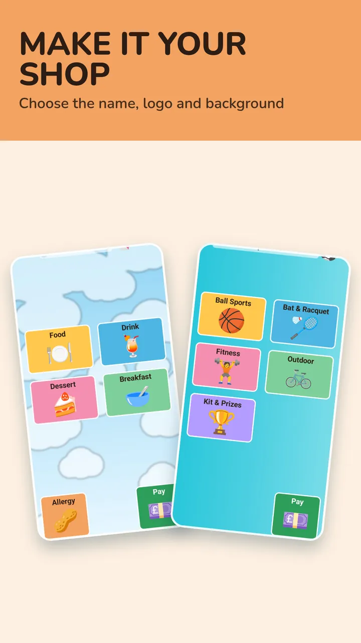 Two customised shops — a cafe on a cloudy sky background and a sports store on bright blue